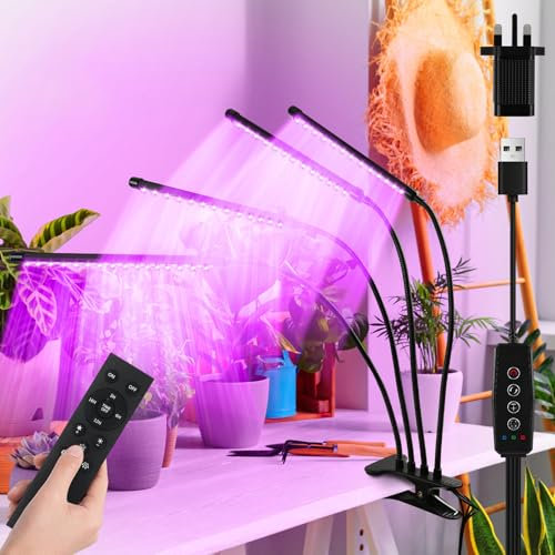 FIBRAVE Grow Lights for Indoor Plants, 4 Heads 120 LED Growing Lamps with Clip Red Blue,Full Spectrum Led Plants Light for Indoor & Seed Starting, 10-Level Dimmable, Auto On Off, Timing 3/6/12/16Hrs
