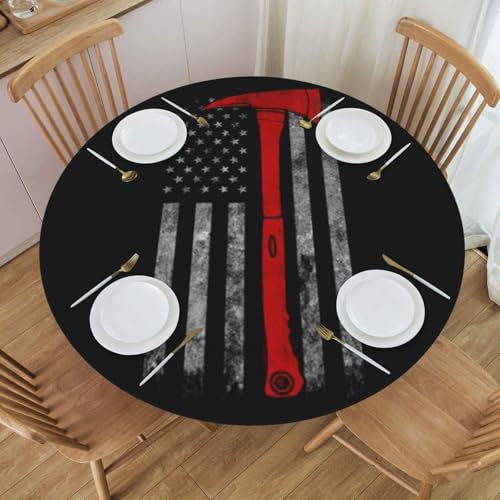 Fitted Table Covers For Round Tables Firefighter Axe Red Line Flag Elastic Table Cloth 54/138 Cm Washable Wipeable Polyester Tablecloths For Kitchen Dining Party Holiday (Fit 45'' - 50'' Round Table)