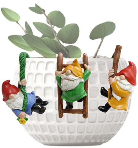 Juego de 3 Bonitas Figuras de gnomos trepadores, gnomos trepadores para decoración de macetas, Estatua de gnomos Colgantes de Resina pequeña de Resina para decoración al Aire Libre, Adornos de Valla