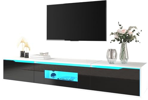 Azkoeesy Armario de TV con iluminación LED de alto brillo, 180 cm de largo, de pie o colgante, mesa de televisión, tablero de TV, mueble bajo con 3 puertas (blanco/negro)