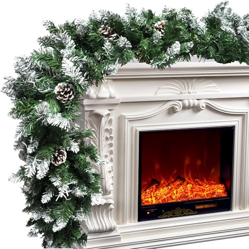 Guirlande de sapin vert enneigée de 2,7 m avec pommes de pin pour décoration de la maison, guirlandes de Noël artificielles pour sapin de Noël, escaliers, cheminées, décoration de jardin, guirlande