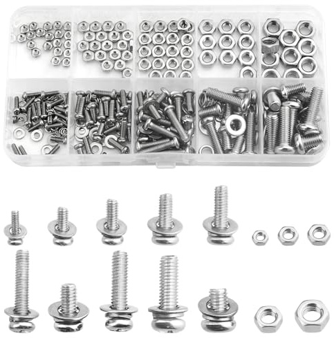 TOVOT 320PCS Bolts and Nuts Assortment Kit Crossed Round Head Screws with bolts and Washers Stainless Steel Screws Assembly, Fastening (M2/2.5/3/4/5, Length:6-16MM)