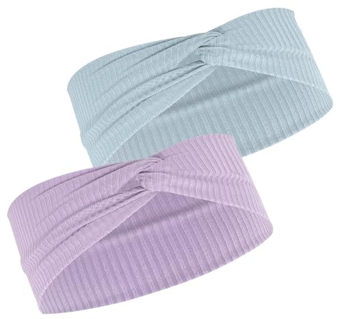 Lot de 2 bandeaux pour enfants, bandeau tricoté doux et confortable, élastique avec nœud, pour filles et garçons (bleu, violet)