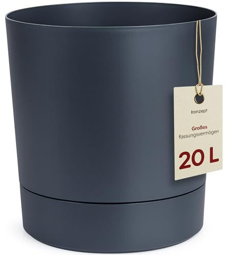 KONZEPT Maceta con platillo de 32,5 cm – Maceta grande de plástico para plantas de interior, moderna y resistente a la intemperie, para interior y exterior, color antracita