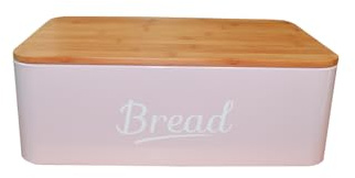Riyashop Bread Bin with Bamboo Lid, Bread Storage, Bread Box with Cutting Board, Bread Bin, Metal/Bamboo Lid, Width x Height x Depth Approx. 35 x 12.5 x 23 cm, Country House Style (Plain Pink)
