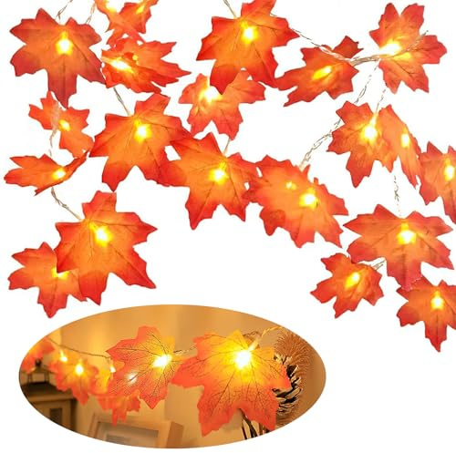Fall Maple Leaf Orange Fairy Lights, Autumn Garland with Lights, 3M 20LED Fall Maple Leaves String Light, Battery Operated (Not Include) Autumn Leaf String Lights for Thanksgiving Home Decoration
