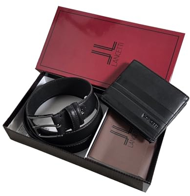 LANCETTI Geschenkset für Herren – Gürtel mit Innenfutter aus Leder und Außenseite aus PU, Echtleder-Geldbörse