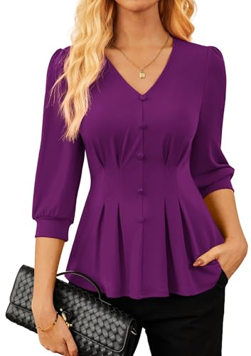 GRACE KARIN Camicia da donna elegante con scollo a V, maniche a 3/4 a lanterna, camicia in maglia elasticizzata plissettata, top da lavoro per ufficio, Viola, M
