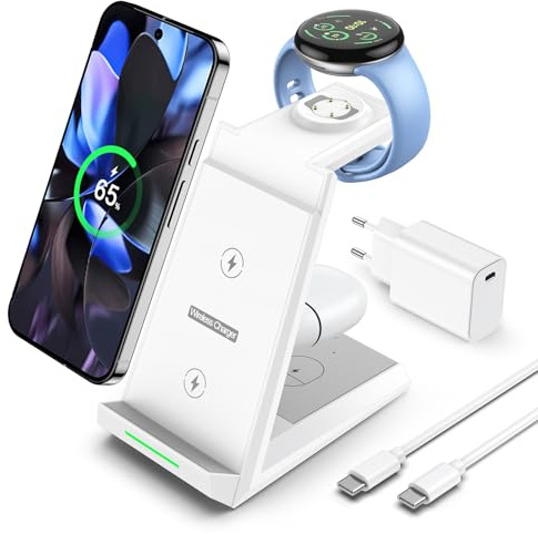 NANAMI induktive Ladestation für Google Pixel Watch 3/2/Fitbit Versa 4/3, 3 in 1 Wireless Charger für Google Pixel 9/9a/8/7, induktionsladegerät für Pixel Buds Pro 2 (Not for Pixel Watch 4/1)