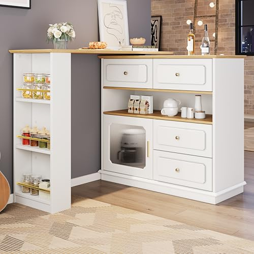 YAIXBNG Utdragbart barbord med förvaringsutrymme (125–181 × 39 × 104,5 cm), 360° vridbar ätbar, modern rörlig bar bord, högbord köksö bistrobord, skänk med hyllor och glas, vit