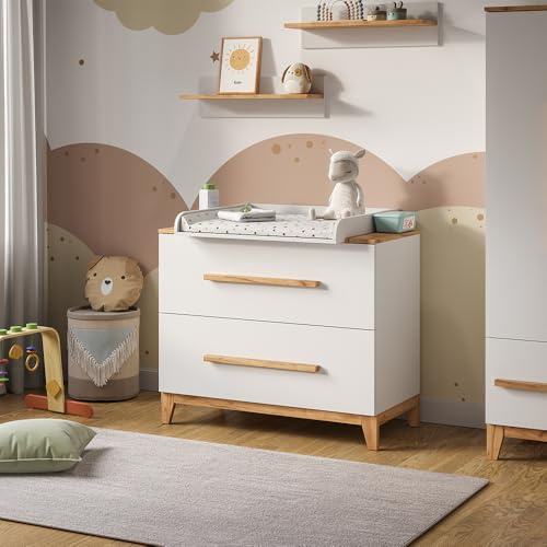 VitaliSpa Table à Langer Malia, Blanc/Artisan, 108x98cm avec 2 tiroirs, avec Plan à Langer Amovible pour Utilisation comme Commode