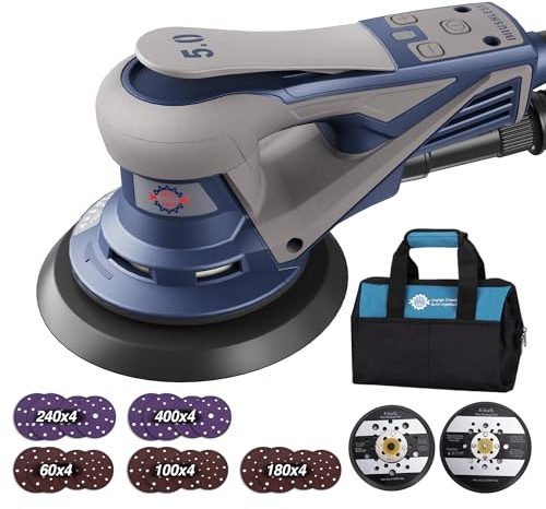 TurboVolt Brushless Random Orbital Sander, 350W 10000 RPM Electric Sander with 125mm&150mm Sanding Pad, 7 Variable Speeds, 20pcs Sandpapers Brushless Sanders for Sanding and Polishing, Carrying Case