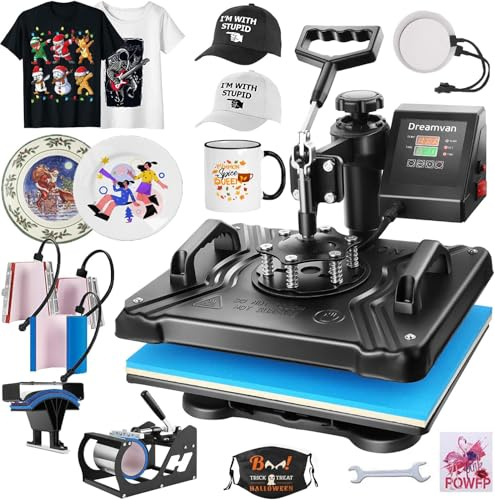 Transferpresse 30 x 38 cm, Transferpresse, 360°-Schwenkfunktion, mit Zubehör, inklusive Zubehör für Becher, Hüte und Sublimations-Shirts. Schnelle und gleichmäßige Erwärmung (Schwarz-8 in 1)