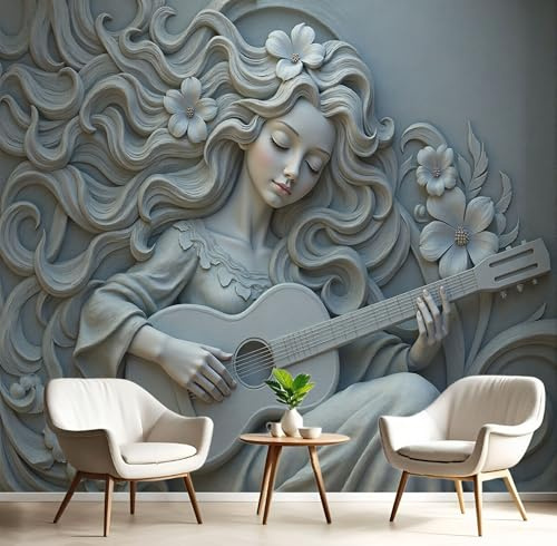 Papier Peint Soie Jouant Guitare Beauté En Relief 250×175 cm Papier Peint Panoramique Relief Plâtre Femme XL Tableaux Décoration Murale pour Salon, Chambre, Décor Fond TV, Gris