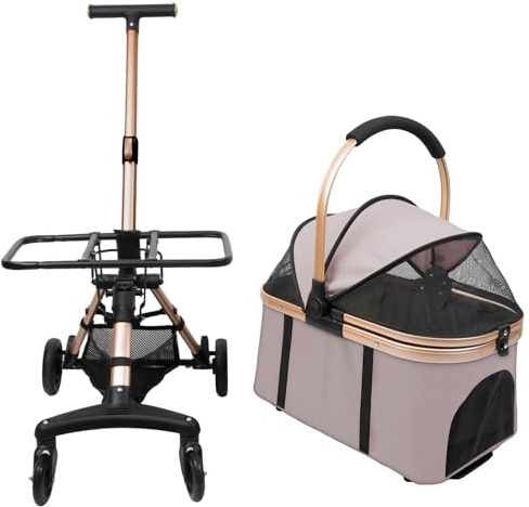 Hundewagen 3 in 1 Faltbarer Hundebuggy, Kinderwagen für kleine Hunde, Katzen, Abnehmbarer Korb, Hundewagen, Tragbarer Kinderwagen, Netzfenster, Oxfordstoff, Bis 20kg (Rosa)