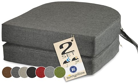sunnypillow 2er Set Stuhlkissen Outdoor, wasserdicht UV-lichtecht 40 x 40 x 7cm dick - Polsterauflage mit Bändern - Auflage für Stühle,Bänke - Sitzkissen Stuhlauflage für Haus und Garten - Anthrazit