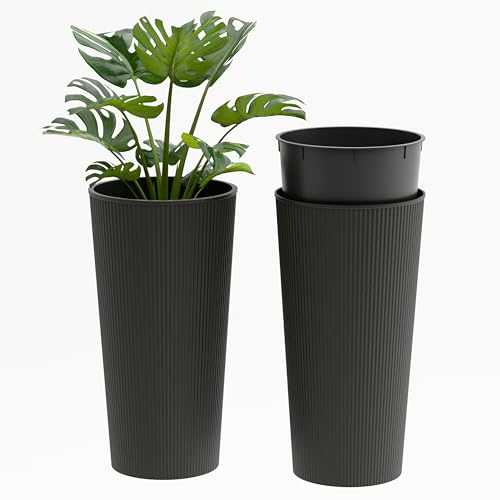 Plana Blumentopf Wave Hoch Rund – 2er Set Pflanzkübel aus Polypropylen mit Innentopf, UV- & wetterfest, für Innen & Außen, (Anthrazit, 30x57h cm)