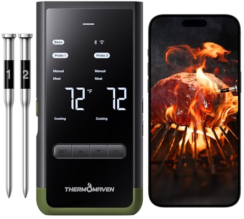 ThermoMaven Kabelloses Bluetooth-Smart-Fleischthermometer: Basisstation, WLAN-Thermometer Mit Sub-1G, 6 Sensoren, NIST-Genaue Messung, 5 Sonden, Für Grill, BBQ, Ofen & Smoker (Avocado-Grün)