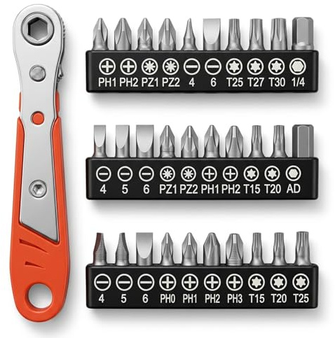 Compact Right Angle Mini Ratchet Screwdriver Set, 36-Tooth Forward/Reverse Driver with 3 Bit Sets (18 Bits), Magnetic Holder for Tight Spaces, Automotive & Home Repair