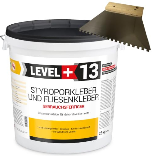 Level Plus 13 adesivi per polistirolo da 25 kg + spatola dentata da 4 mm, colla in sughero, colla a dispersione per elementi decorativi e polistirolo, set RM13