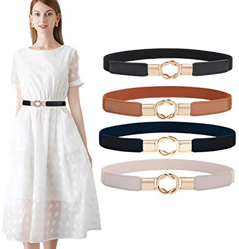 WERFORU 4 Stücke Dünne Gürtel Damen Elastische Taillengürtel Dehnbarer Kleid Gürtel mit Goldene Schnalle Schwarz/Braun/Blau/Beige