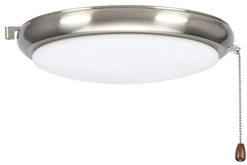 Kathy Ireland Home Luna LED Light Kit for Ceiling Fans | Low Profile Lighting Attachment with White Opal Glass Shade and Pull Chain | Wet Rated, Brushed Steel