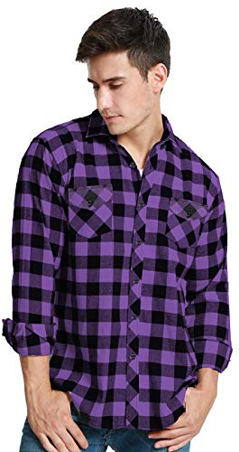 JEETOO Homme Chemise à Carreaux Manche Longue Casual Slim Fit en Flanelle (Violet Noir, Medium)
