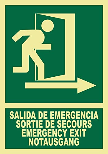 Seribas Señal Salida de Emergencia en varios idiomas, Fotoluminiscente Clase B, Cartel PVC 0,7 mm. Tamaño 21 x 30 cm, Homologada, Señal de Evacuación.