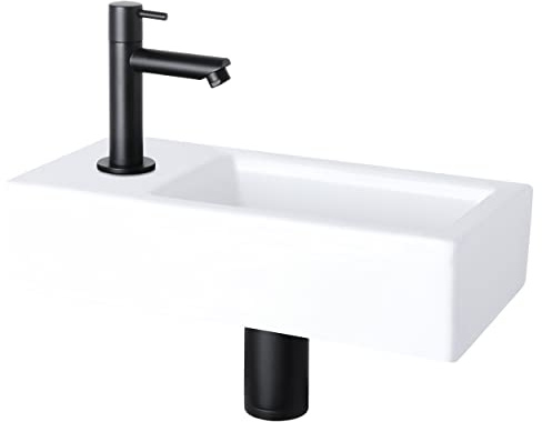 Differnz Helios Waschbecken klein, Handwaschbecken Keramik Weiß, Schwarz Armaturen Wasserhahn Links, Waschtisch, Kaltwasserhahn – 37.5 x 18 x 9.5 cm