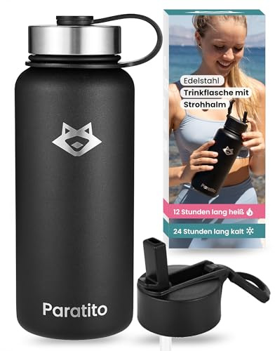 PARATITO Edelstahl Trinkflasche mit Strohhalm 1L, BPA-frei, Thermo Trinkflasche mit Trinkhalm für Kinder & Erwachsene - Robuste Isolierflasche für Schule, Büro, Outdoor (Strohhalm Bundle, Schwarz)