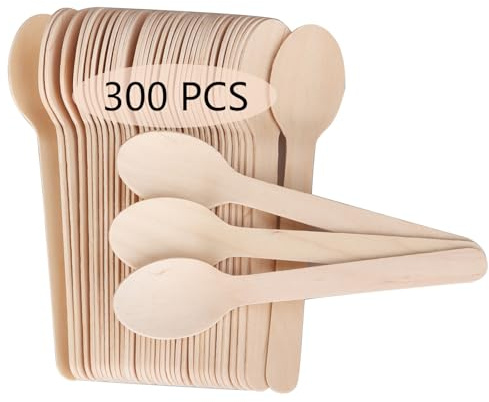 DAJAVE 300 Pcs Wooden Spoon Disposable Spoons Wooden Cutlery, 16cm Large Wood Spoons Disposable Wood Teaspoons Biodegradable Ice Cream Spoon for Fruits, Dessert, Cake and Catering