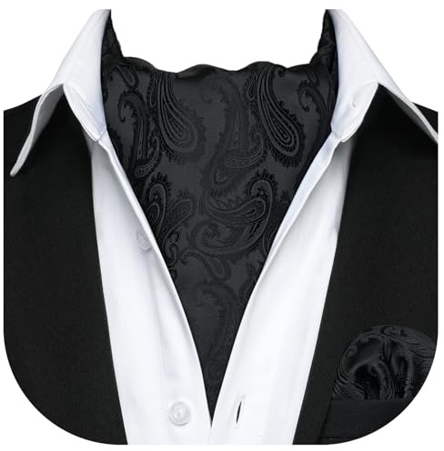 HISDERN Men's Cravats Silk Black Ascot Tie and Pocket Square Set Paisley Cravat with Handkerchief for Wedding Party Business