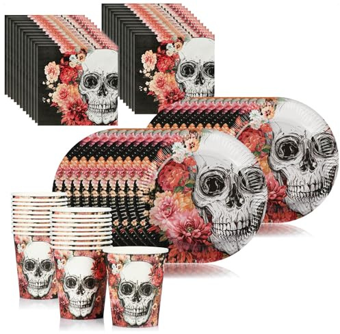 com-four® 64-teiliges Party-Set Dia de los Muertos, Papp-Teller | Papp-Becher und Servietten mit Totenkopf - Deko-Set für Halloween - Tag der Toten - Mottoparty oder Kindergeburtstag