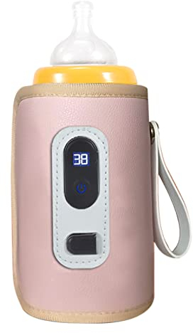 Baby Bottle Warmer, LCD Screen, Temperature Adjustable, Waterproof, Portable Milk Bottle Heater for Travel, Plane and Car Use (Pink)