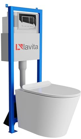 Lavita LAV 101 - Elemento da parete per WC 40 cm + parete sospeso WC Galve bianco senza bordi + pannello di controllo LAV 200.1.2 cromato | Set completo | Cassetta di risciacquo da incasso | WC
