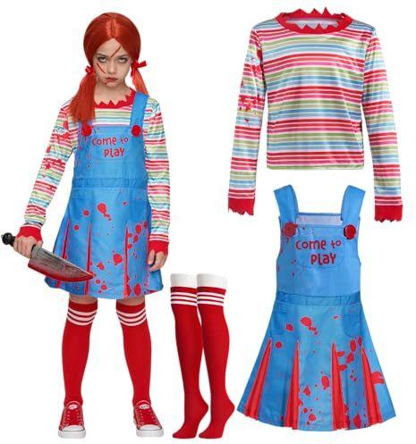 Spooktacular Creations Halloween Kostüm für Kinder und Mädchen, gruselige Puppe, Mädchen-Killerpuppenkostüm mit Regenbogen-Shirt, Kleid und kniehohen Strümpfen für Halloween, Cosplay, Party