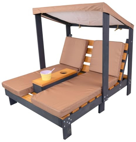 Meppi Gartenliege Bornholm für Kinder - Doppel Sonnenliege aus Holz mit Getränkehalter und Sonnenschutz