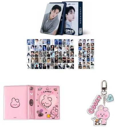 Kpop Set 60pcs Jungkook Personal Photocards Postcard, 32pcs Stickers, Cooky Album Binder Holder Book, Cooky Keyring Keychain (JK)