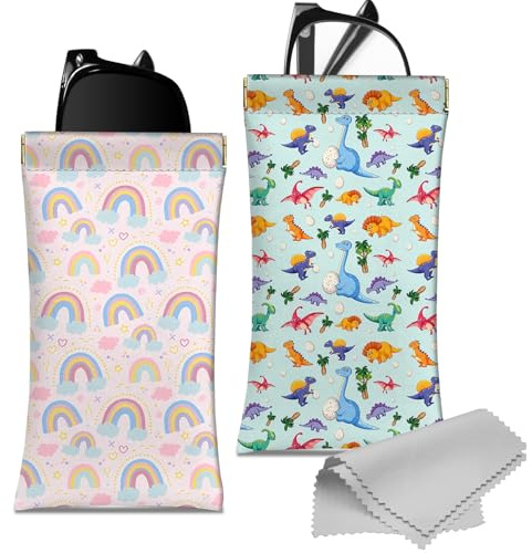 Deokke 2 Stück Weich Brillenetui,PU Leder Weiches Brillenetui Brillen Sonnenbrille Tasche Portable Squeeze Weiches Leder mit Reinigungstuch Nett für Frauen Männer Mädchen(D8-Regenbogen-Dinosaurier)