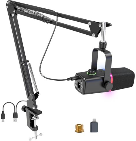 ZealSound XLR/USB Podcast Mikrofon mit Arm | RGB Dynamisches USB Mikrofon mit Mute-Taste & Gain-Regler | Studio, Streaming, Broadcast, Gaming, YouTube | Kompatibel mit PC Mac, Handy, PS4-5, Mixer-KD8S