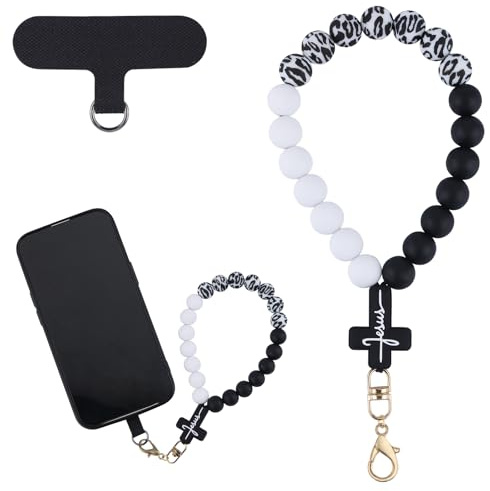 BEEFLYING Bracelet de Poignet pour Téléphone en Silicone avec Perles et Croix, Lanière pour Téléphone Portable avec Attache, Bracelet Élastique Mains Libres pour Téléphone et Porte-Clés (Noir Blanc)