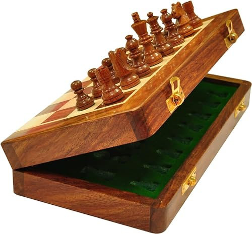 Handmade Wooden Rosewood Foldable Magnetic Chess Game Board with Storage Slots, 10 Inch