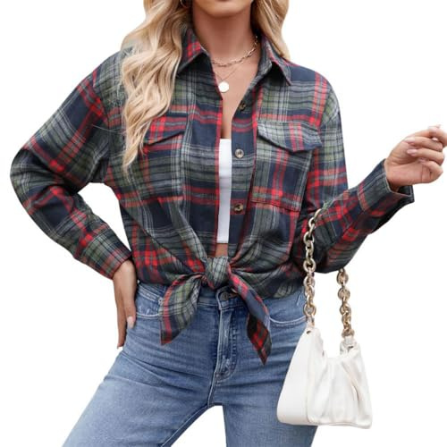 seiveini Camicetta a Quadri da Donna Camicia a Maniche Lunghe con Bottoni Camicia Scozzese Casual Top Camicia a Quadri con Tasca Camicia Casual Blusa in Flanella Streetwear C Blu Scuro XL