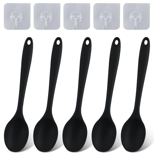 5 Stück Silikonlöffel-Set mit 5 kleinem Haken, Antihaft-Servierlöffel, Kochlöffel mit langem Griff, Rührlöffel zum Kochen, Rühren, Mixen, Backen (schwarz)