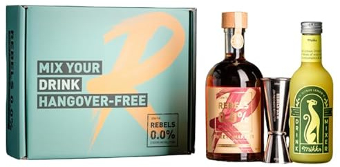 REBELS 0.0% Alkoholfreies Amaretto-Geschenkset 2+1 I Sour Lemon + Messbecher I Vegan, Hochwertige Schweizer Qualität I 500ml+250ml I Für alkoholfreie Cocktails & Mocktails I Likör Alkoholfrei