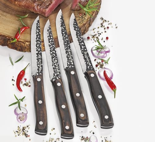 Zassenhaus Steakmesser-Set HUNTER 4-tlg., Pakkaholzgriff, handgefertigt | Glatter Schliff, Spezial-Klingenstahl, Klingenlänge 13 cm, natürliche Maserung, robuste Pakkaholz-Griffe