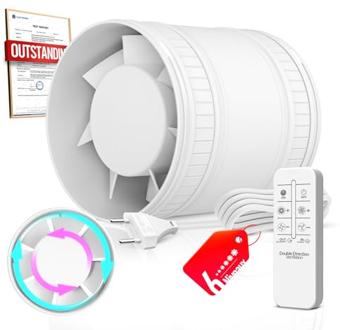 BUMSOU 100mm Extractor de Aire en Línea Bidireccional, 6 Velocidades, Mando a Distancia – Ventilador de Conducto Silencioso Potente con Protección contra Sobrecalentamiento, Extractor de Baño Aseo
