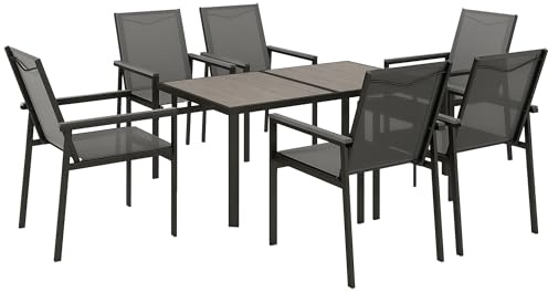 Outsunny Salon de Jardin en Acier, Ensemble Table et chaises 7 pièces avec 6 chaises et 1 Table à Manger, Plateau en Verre trempé Effet Grain de Bois, Gris