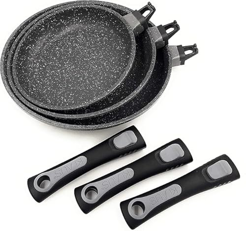 KLAUS Lot de 3 poêles en Pierre de Hautes qualités antiadhésif Compatible Tous Feux Dont Induction les 3 poêle à frire adapté au Four grâce à Leur Manches Amovibles Ø 20 cm, Ø 24 cm et Ø 28 cm