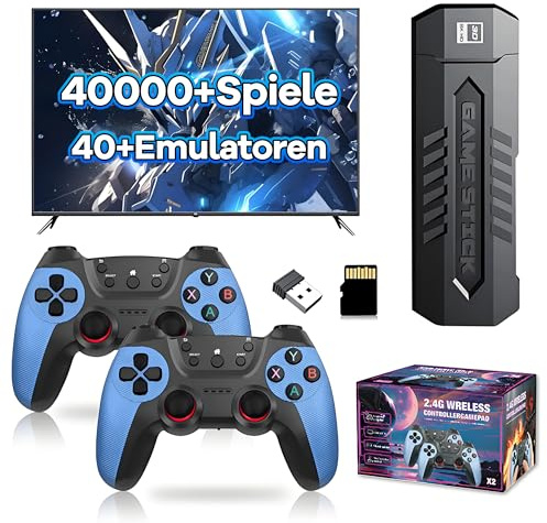 KINMRIS X2 Blue Retro Spiel Stick 4K, Emulator Videokonsole, Mit 40.000+ Retro Spiele, 40+ Emulatoren, Plug and Play Video Spiel Stick (128GB, 2 x 2,4 GHz Wiederaufladbarer Drahtloser Controller)